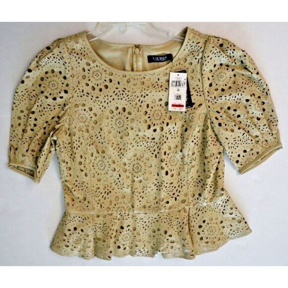 Lauren Ralph Lauren Women's Sz 10 Beige Lamb Leather Peplum Cutout Blouse $395 - Picture 7 of 13